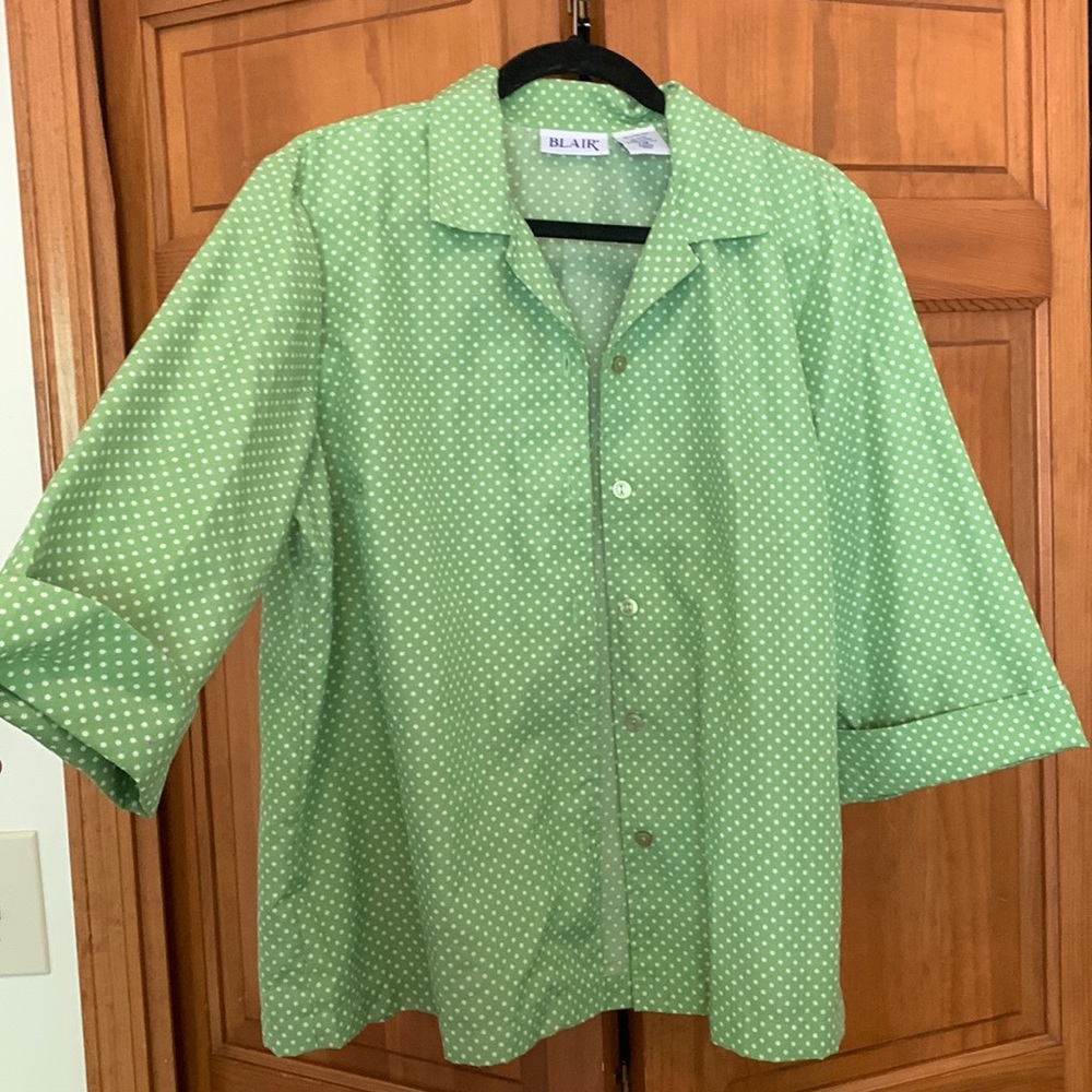 Green and white polka dot gardening shirt